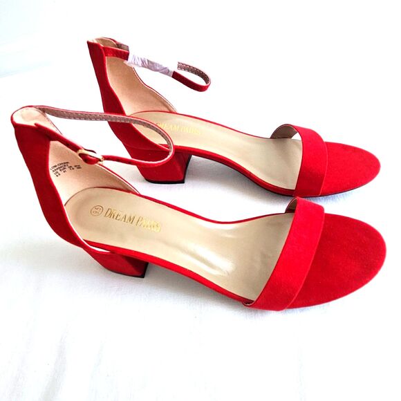Dream Pairs Red Velvet Suede Strappy Low Chunk Heel Pump Sandal Womens 9.5 NEW - Picture 4 of 16